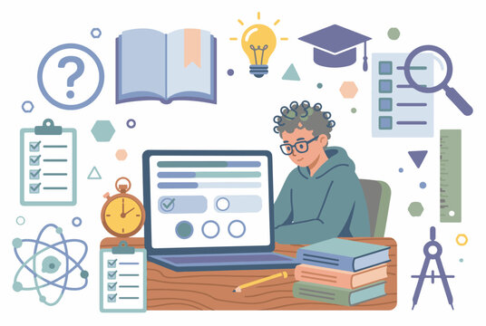 Male Student Preparing for Online Test and Virtual Class Vector Artwork