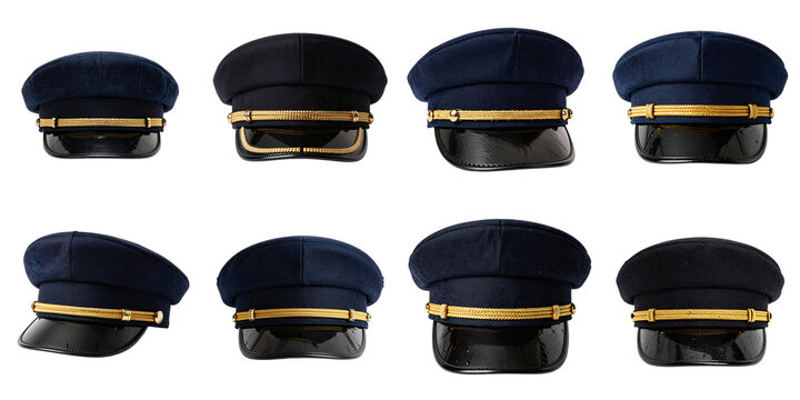 Many blue and black hats with shiny visors are arranged on a black background
