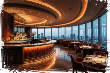 Obraz premium Hand drawn sketch of modern luxury restaurant interior with panoramic windows. Designer concept shows elegant bar area, dining tables, leather chairs. High end eatery features city skyline view, warm