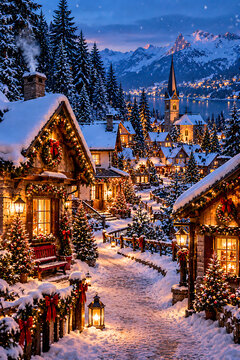 Picturesque Alpine Village Street Decorated for Christmas with Snow-Covered Cottages and Mountain Lake at Twilight