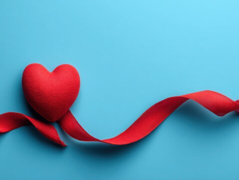 Red heart with satin ribbon on a blue background  