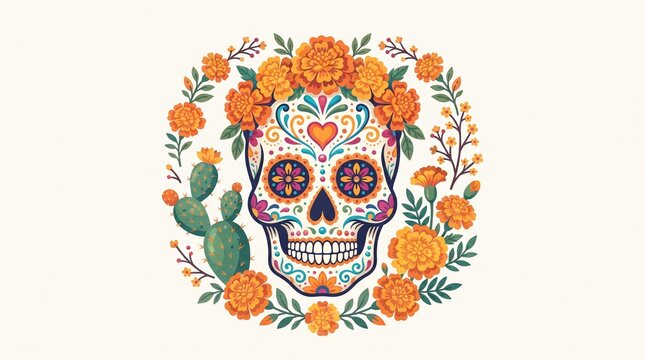 Mexican sugar skull illustration, ornate calavera with orange marigold flowers and cactus, traditional Day of the Dead floral skull art on white background