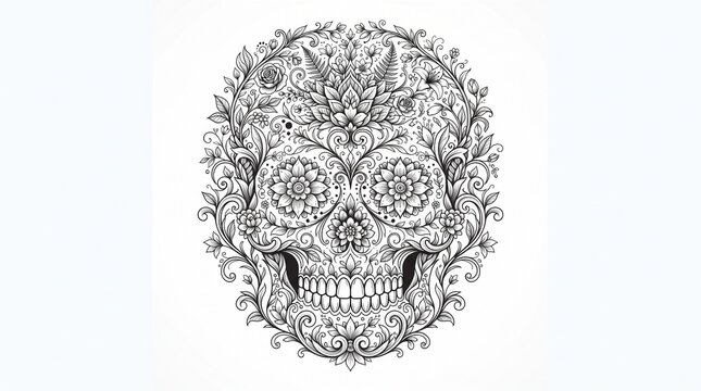 Intricate floral sugar skull illustration, black and white calavera line art with botanical patterns, ornate day of the dead skull for coloring and design