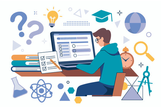 Student Studying for Online Exam with Books and Laptop Desk Setup