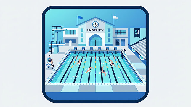 Flat vector illustration of a university swimming pool with athletes in lanes