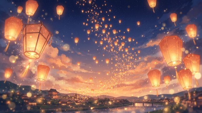 Countless sky lanterns drifting over village