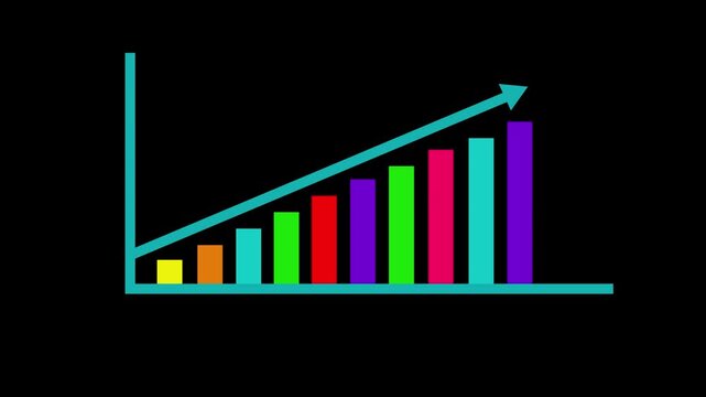 Animated colorful bar chart showing business growth and financial success with upward trend arrow isolated