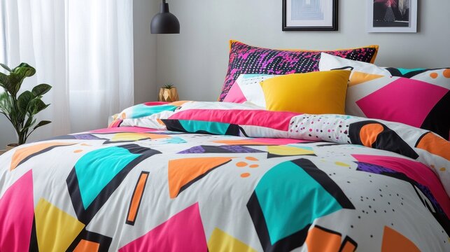 Vibrant, geometric bedding set in a bright, modern bedroom.  Colorful duvet cover with geometric patterns in bold, fun colors
