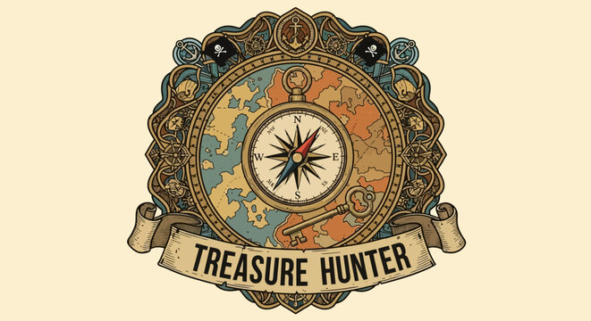 Vintage Treasure Hunter Emblem with Compass, Map, Key, and Pirate Flags - Adventure and Exploration Concept