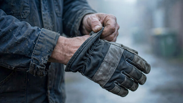 Close up of garbage collector putting on heavy protective work gloves before starting early morning shift