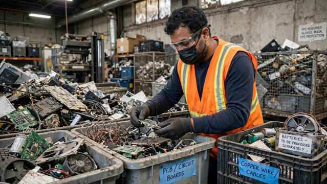 South Asian waste worker sorting electronic e waste recycling materials wearing protective face mask