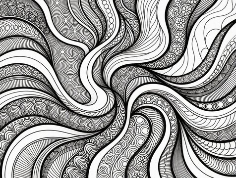 Abstract black, white zentangle pattern with flowing wavy lines. Intricate mosaic design features swirling ribbons, floral ornaments, geometric shapes. Hand drawn doodle art creates organic texture