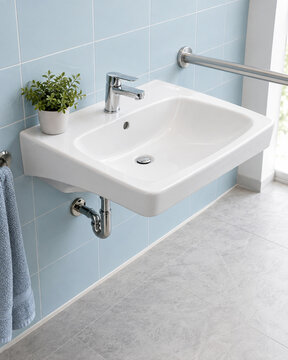Wall Mounted Wash Basin with Lever Faucet and Blue Tiles