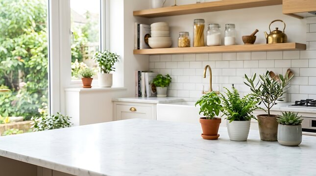 Modern bright kitchen counter with fresh green potted herbs and plants in a sunlit home interior