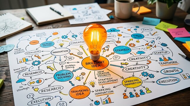 Glowing light bulb on top of a hand drawn business mind map with colorful notes and planning sketches on a desk