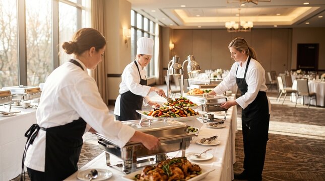 Catering crew arranging banquet buffet table with chafing dishes representing event hospitality