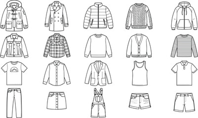 Men and Women Seasonal Wardrobe Apparel Technical Flat Sketch Vector Icon Set Featuring Heavy Winter Coats Denim Jackets Knitwear Hoodies Graphic Tees Blouses Overalls and Shorts Designs © Md