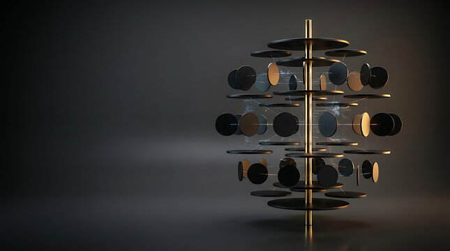 Abstract composition featuring premium 3D design with floating discs on gold axis&mdash; Luxury Black and Gold Abstract Business Background