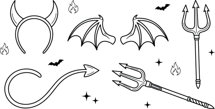 Halloween devil costume elements vector set featuring line art horns headband wings trident fork tail sparks and fire flames