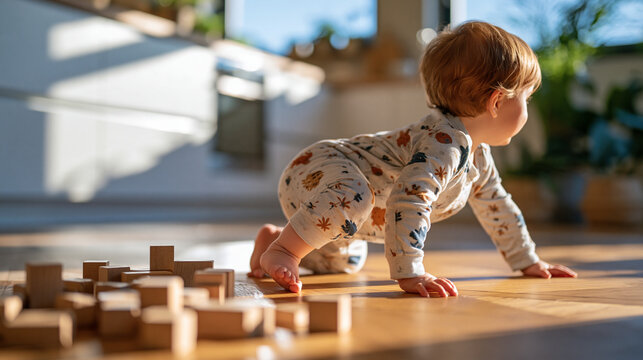 Candid rear crop of a baby crawling across a sunlit kitchen floor toward a scattered pile of wooden blocks, bright clean well lit home scene, childhood curiosity, family life, with