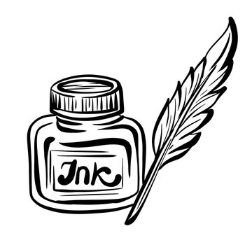 Ink bottle quill pen writing christmas postal vector illustration stationery correspondence. An old-fashioned inkwell paired with a feather pen evokes handwritten letters, literary correspondence 