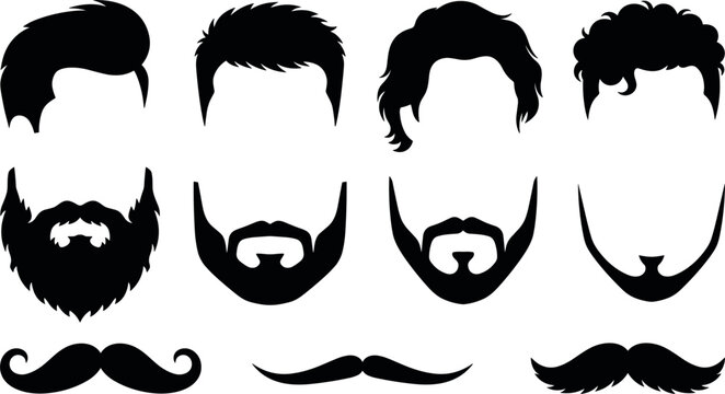 Set of vector silhouettes of mens hairstyles, beards, and mustaches