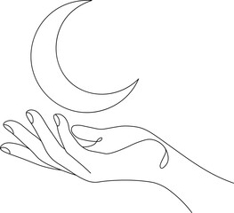 Minimalist one-line art illustration of an open human hand holding or offering a crescent moon. © โยธิน ทุมจีน
