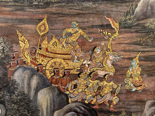 Detailed Ramakien mural painting on Thai temple wall © brostock