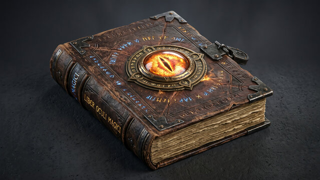 Old fantasy grimoire book of spells with glowing eye emblem metal lock and carved runes