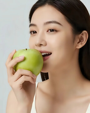 Image en gros plan d'une femme qui porte une pomme a sa bouche pour la manger 