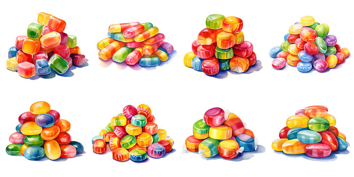 Assortment of colorful hard candies arranged in small piles on a black background