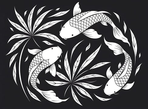 Koi fish swimming among stylized aquatic plants illustration