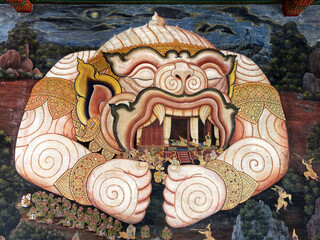 Mythological Hanuman mural painting shelter episode at Thai temple © brostock
