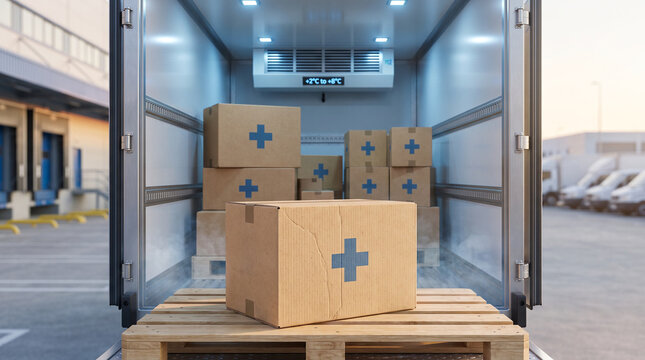 Pharmaceutical Cold Chain Logistics with Medical Supply Boxes in Refrigerated Delivery Truck