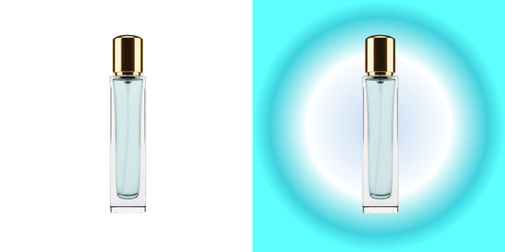 Elegant tall glass perfume bottle isolated on white background