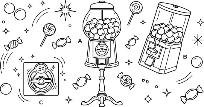 Vintage gumball machine vector set featuring retro bubblegum dispensers candy lollipops sweets stars and coin slot outline illustrations