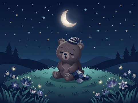Cute Cartoon Sleeping Bear Character Sitting on a Night Meadow with Crescent Moon and Glowing Fireflies for Kids Nursery Decor and Bedtime Stories