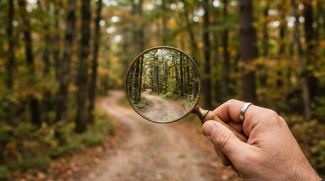 A hand holding a magnifying glass looking at a path in a green forest with trees and nature