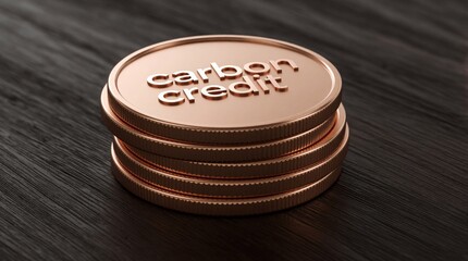 Obraz premium Copper coins stacked with carbon credit text signify environmental finance and trading. Sustainable economy concept, offset reduction, and climate policy illustration. Investment in eco initiatives.