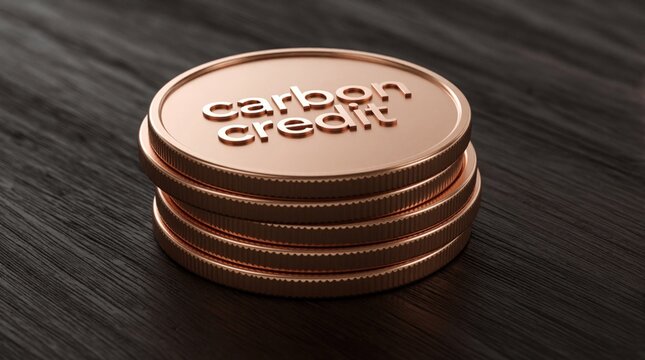 Copper coins stacked with carbon credit text signify environmental finance and trading. Sustainable economy concept, offset reduction, and climate policy illustration. Investment in eco initiatives.