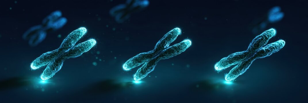 Five chromosomes show glowing teal telomere caps that get shorter from left to right, illustrating cellular aging with fading light.
