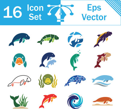 Set of 16 vector manatee icon illustrations in various creative styles