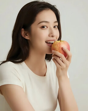 Image en gros plan d'une femme qui porte une pomme a sa bouche pour la manger 