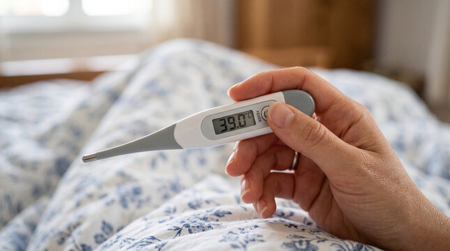 Person measuring high fever with thermometer in bed  