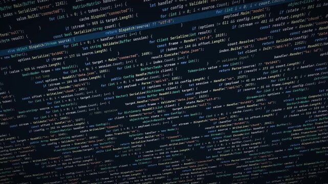 Dynamic blue and white programming code scrolling on a dark screen, abstract digital data stream, modern technology background for software development and cybersecurity concepts 4k