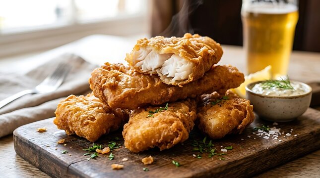 Crispy fried fish sticks with dipping sauce and a glass of cold beer on a wooden serving board in a rustic pub