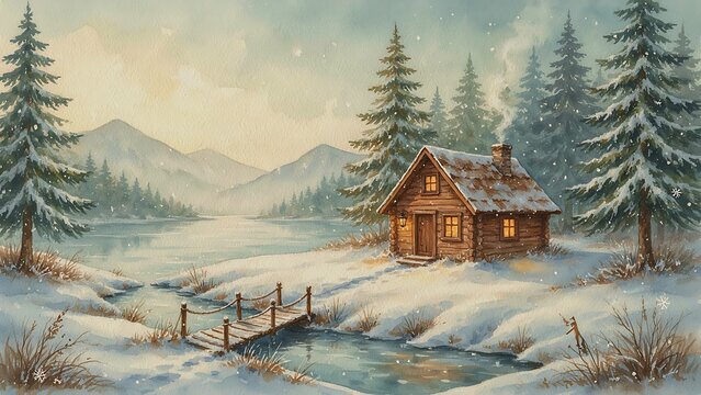 A peaceful watercolor landscape features a warm log cabin near a calm, frozen lake, surrounded by snowy mountains and a small bridge, created with generative AI.