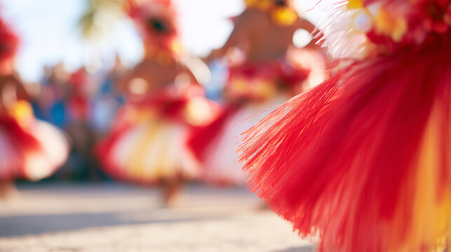 Vibrant Hura Tapairu Dancers Perform Traditional Polynesian Cultural Dance in Flowing Red Fringe Costumes at a Tropical Outdoor Celebration Event