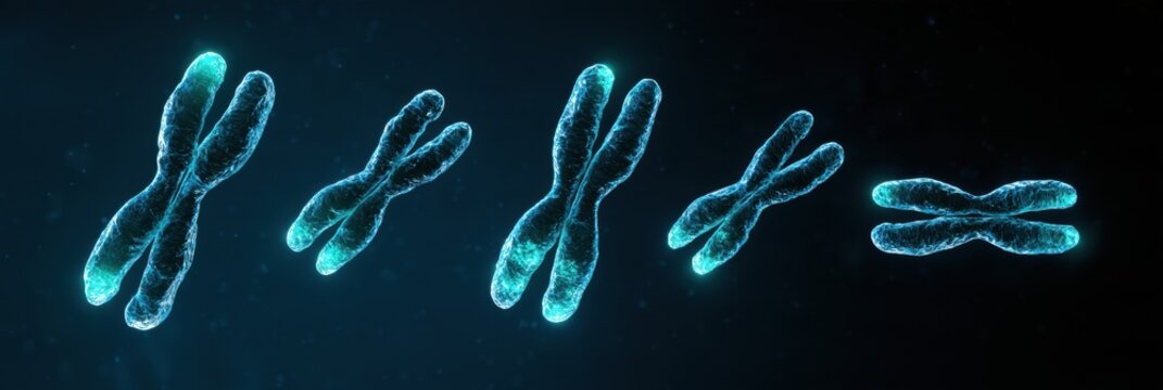 The visual shows five chromosomes with gradually shorter telomere caps from left to right, illustrating cellular aging in a dark setting.