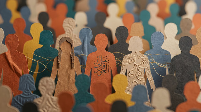 Detailed view of colorful human shape cutouts in a crowd with teamwork